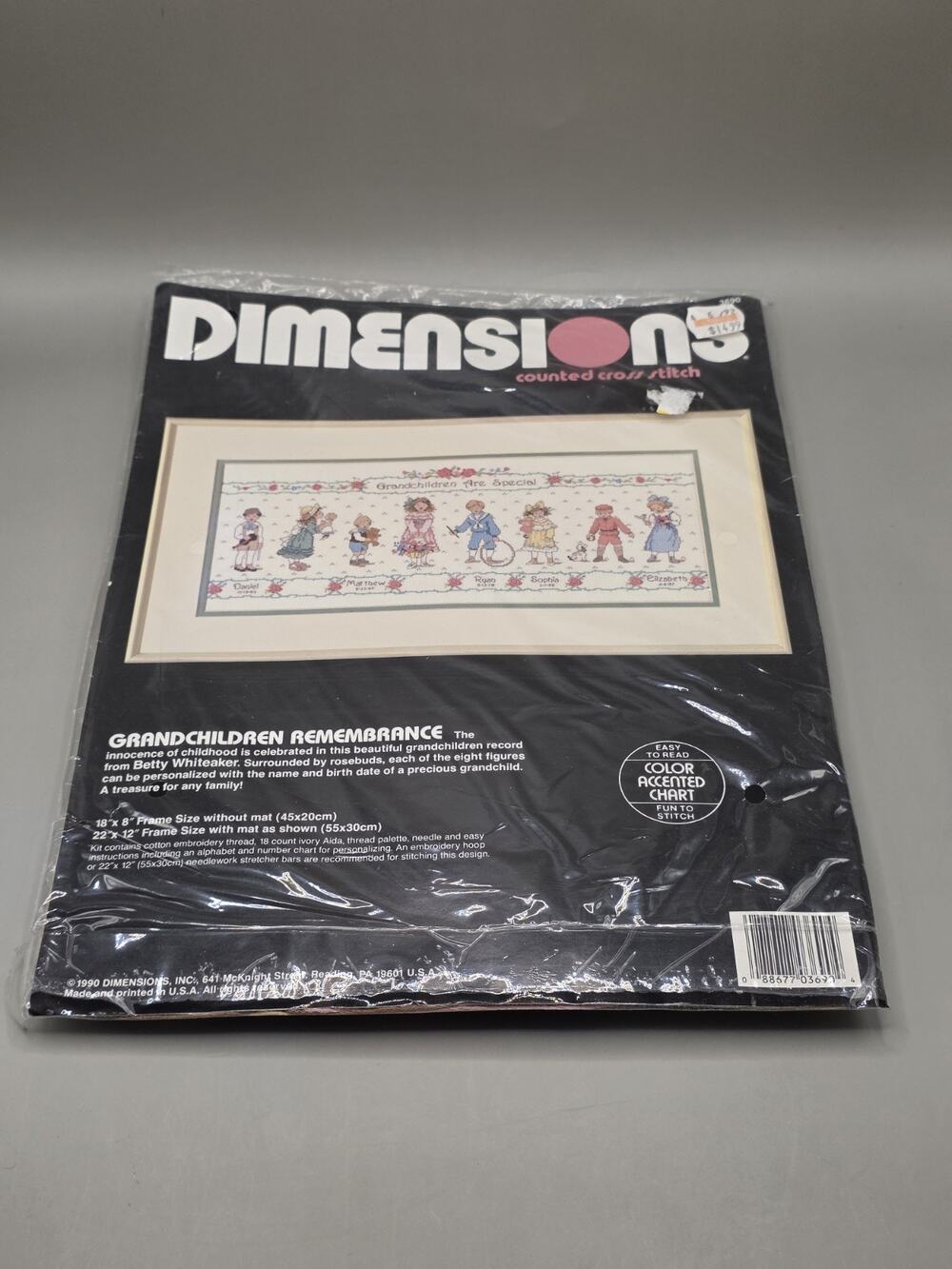 VTG 1990 Dimensions Grandchildren Remembrance Counted Cross Stitch Kit. 18×8
